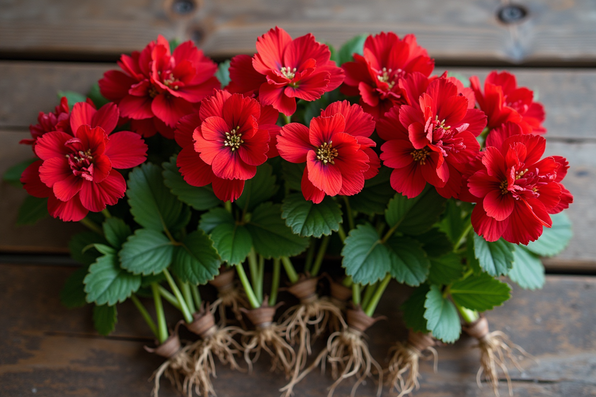 Plusieurs geraniums sains avec racines sur une table en bois