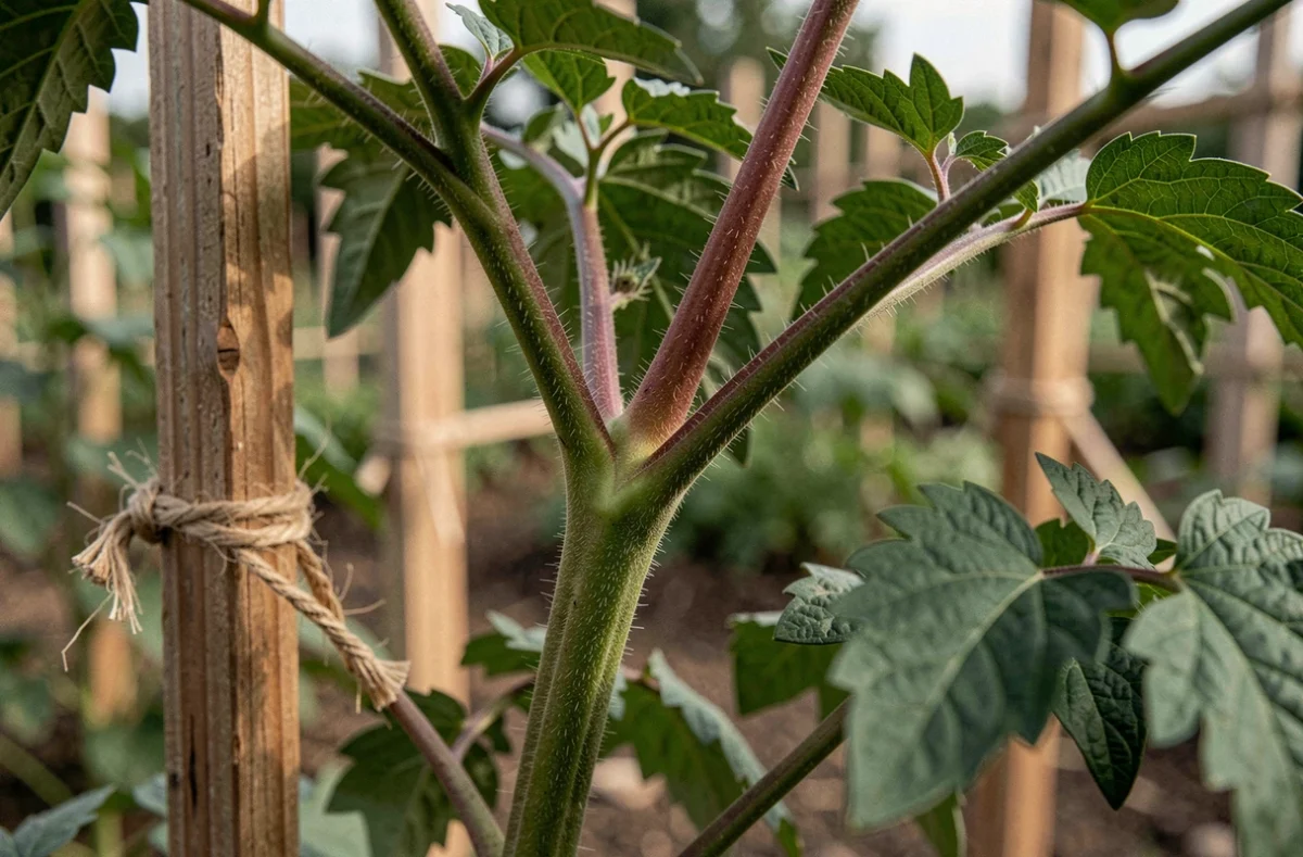 Gros plan sur un gourmand de tomate poussant à l'aisselle d'une tige principale dans un potager