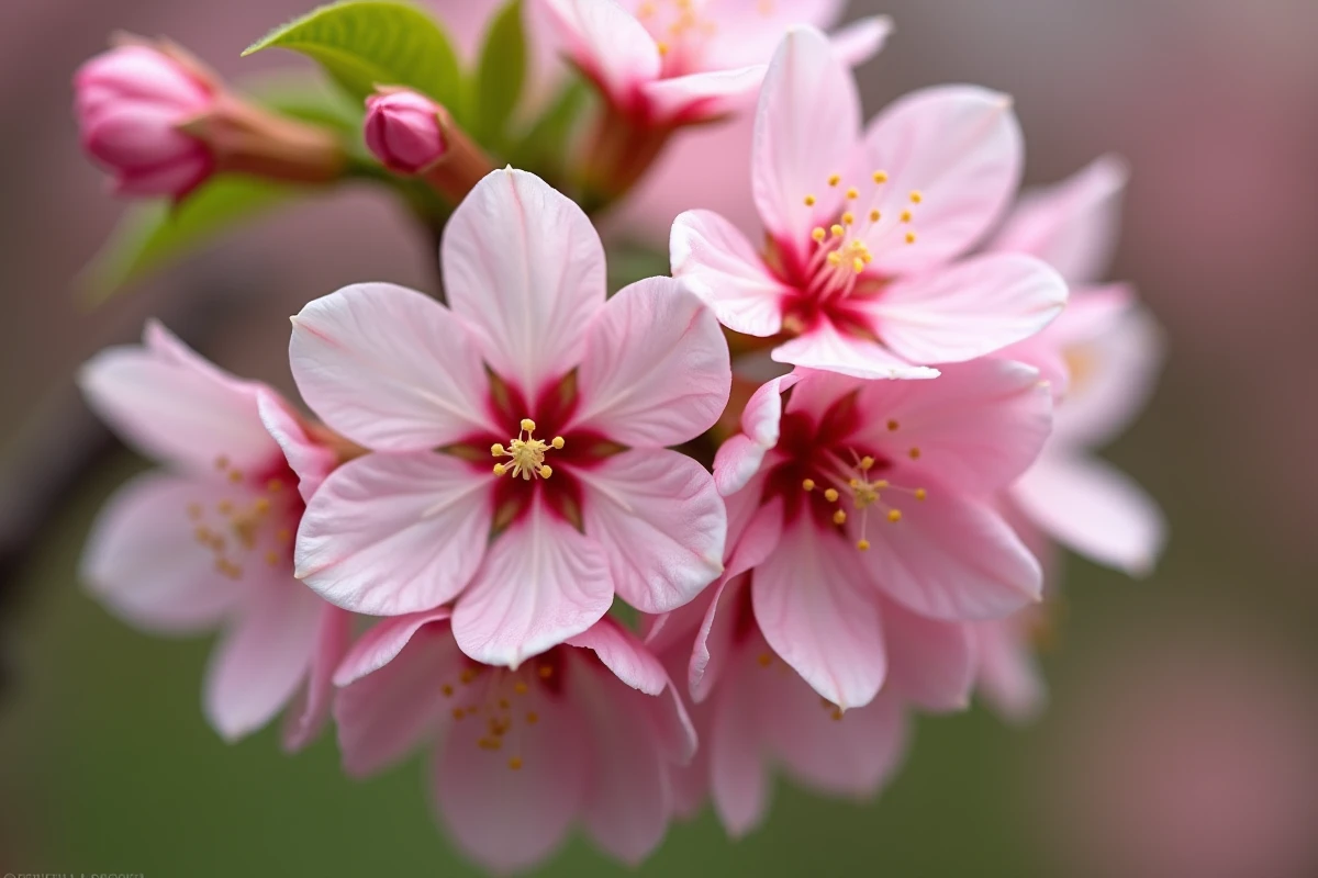 Gros plan sur des fleurs roses délicates d'un arbuste printanier avec boutons floraux et étamines visibles