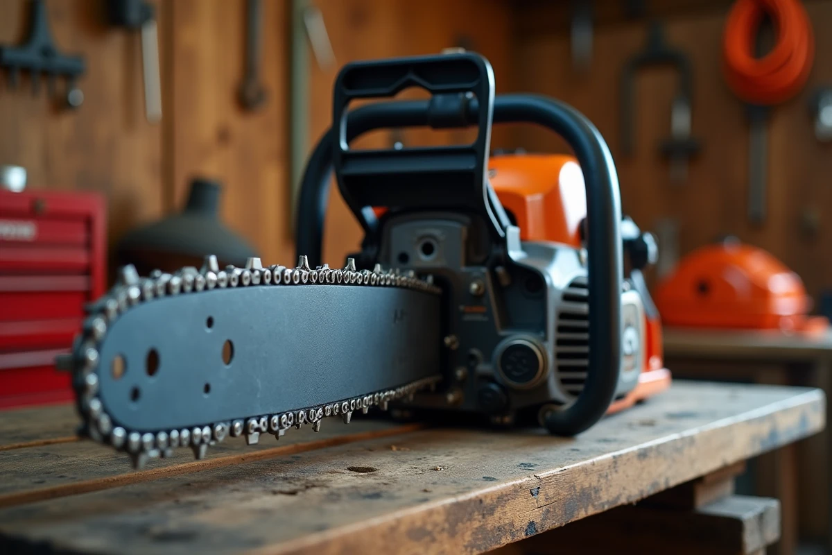 Gros plan sur le frein de chaîne d'une tronçonneuse STIHL MS 211, montrant le protège-main avant et la mécanique de sécurité