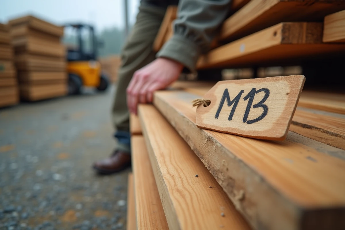 Gros plan sur des lames de parquet chêne M3 empilées dans un dépôt avec étiquette de prix visible