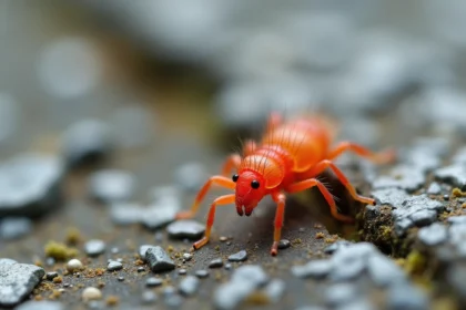 Gros plan macro d'un aoûtat rouge minuscule sur une terrasse en béton, montrant ses pattes et sa morphologie caractéristique