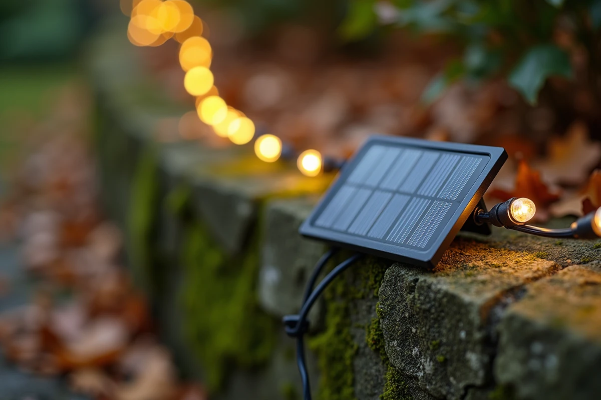 Gros plan sur le panneau solaire d'une guirlande lumineuse extérieure posée sur un muret en pierre