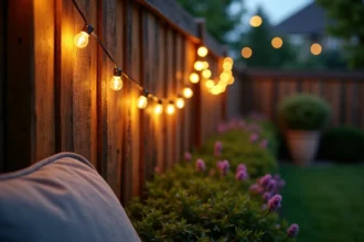 Guirlande lumineuse solaire extérieure installée sur une clôture en bois dans un jardin au crépuscule