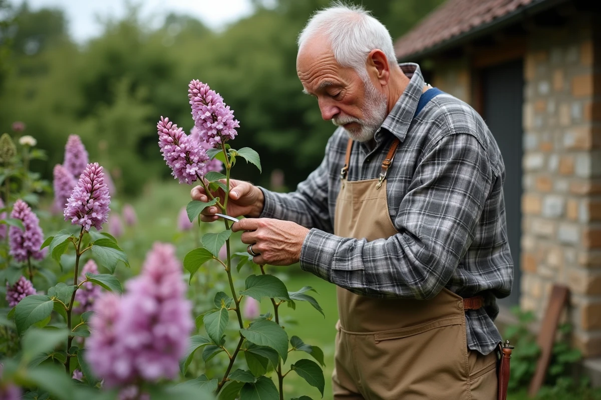 Homme en extérieur pratiquant la greffe en épaisseur sur un lilas