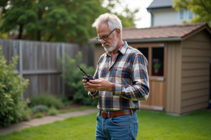 Homme d'âge moyen lisant un anémomètre dans son jardin