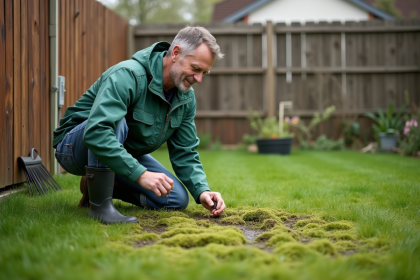 Homme en jeans et veste verte appliquant anti-mousse sur la pelouse