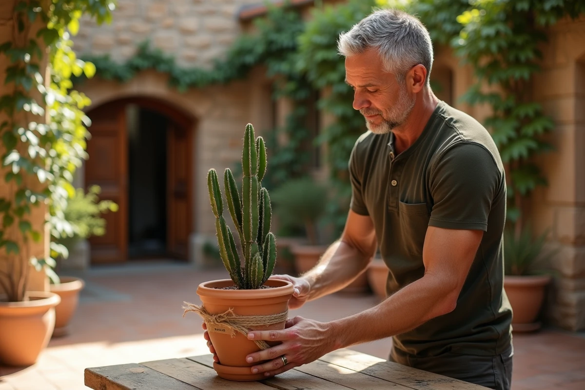 Homme préparant un cactus colonnaire en pot comme cadeau dans une cour méditerranéenne