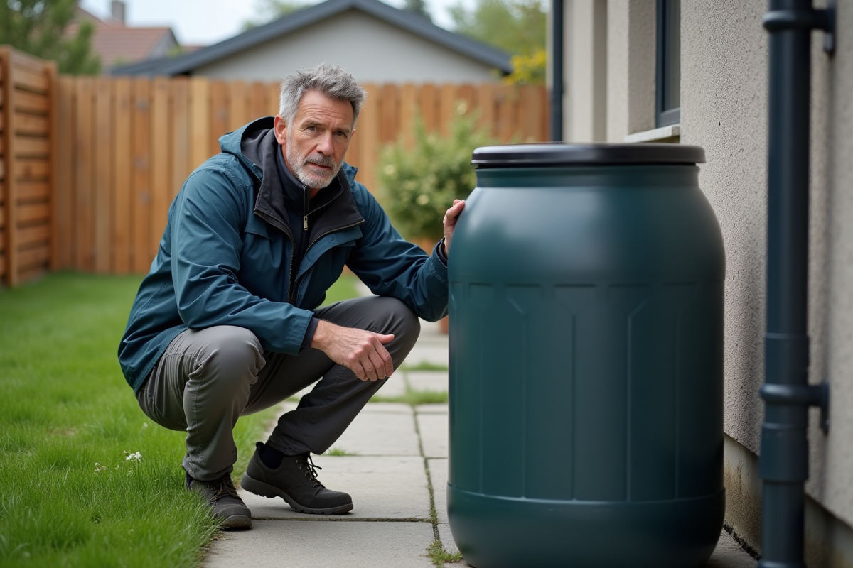 Homme d'âge moyen étudie un récupérateur d'eau de pluie dans un jardin urbain