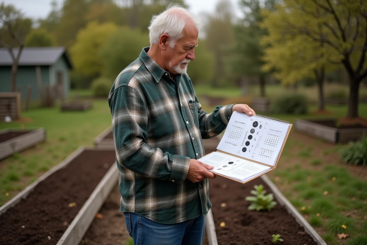 Homme âgé regardant un calendrier lunaire dans le jardin
