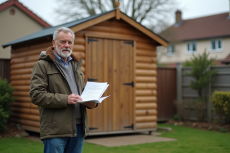 Homme d'âge moyen avec documents devant un cabanon de jardin