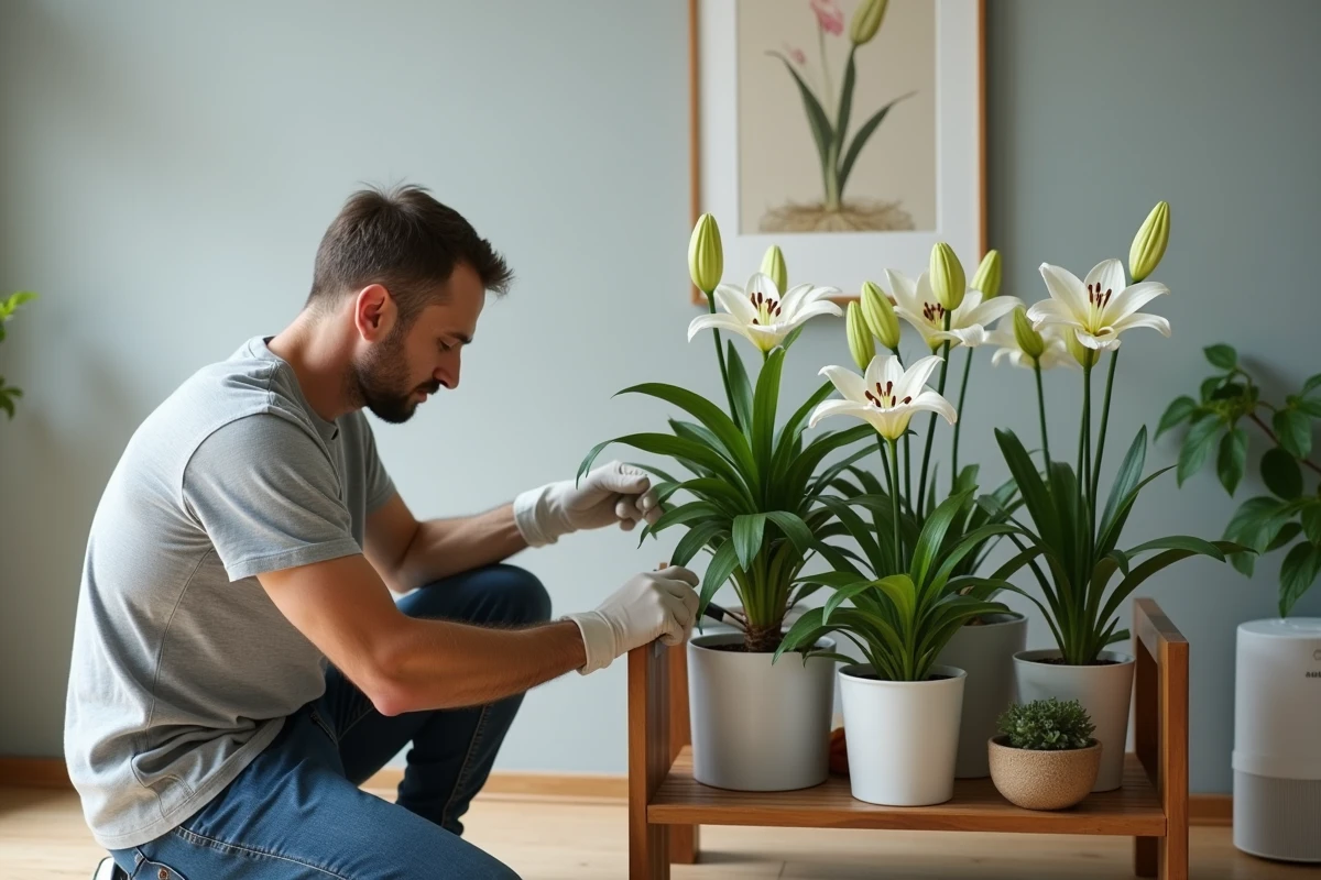 Homme entretenant plusieurs lys en pot sur une étagère basse dans un intérieur minimaliste, retirant les fleurs fanées avec des gants de jardinage