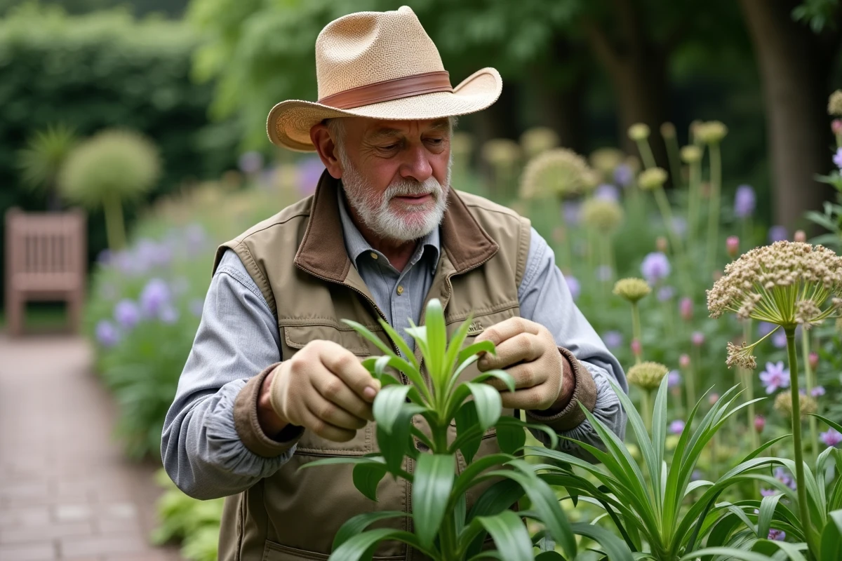 Homme âgé avec chapeau et gants inspectant des agapanthus