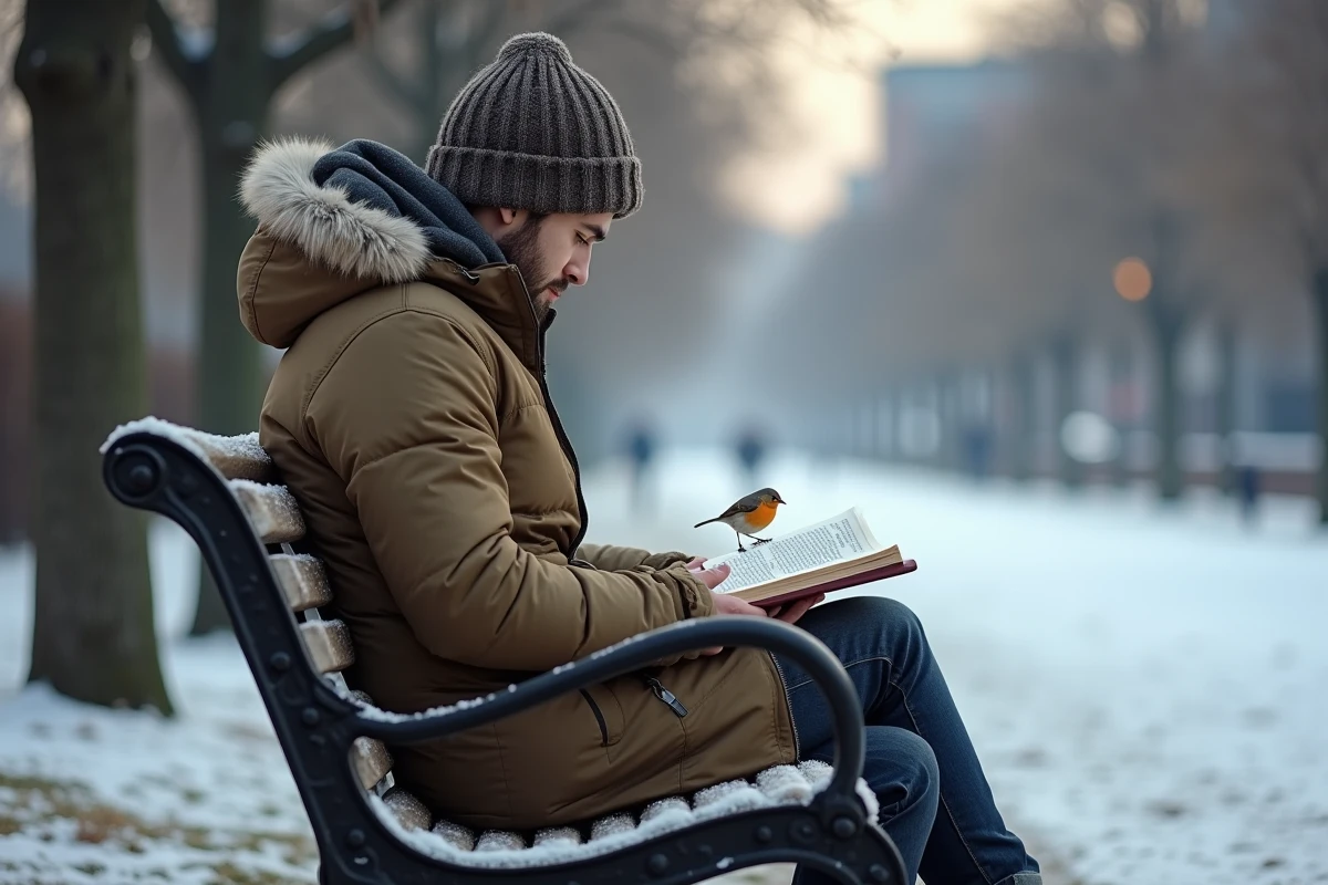 Jeune homme en manteau lisant sur un banc en hiver avec un oiseau