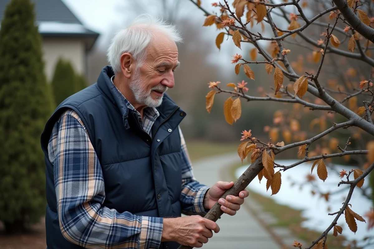 Homme inspectant des feuilles de mimosa dans le jardin