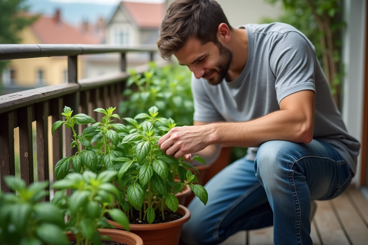 Jeune homme vérifiant un basilic sur un balcon urbain
