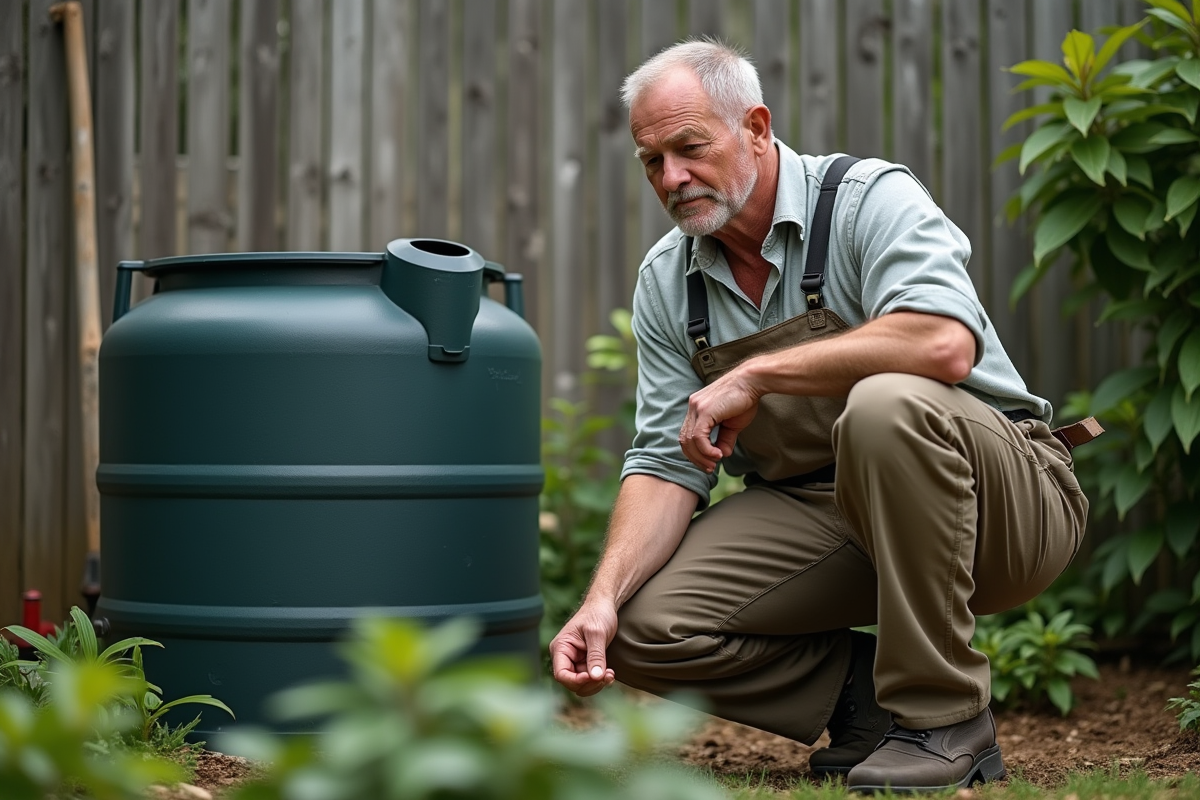 Homme d'âge moyen inspectant une grande bassine d'eau extérieure