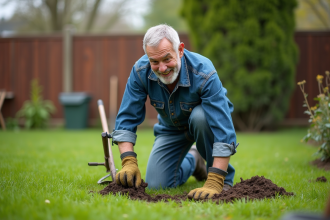 Homme d'âge moyen en tenue de jardinage utilisant un outil d'aération