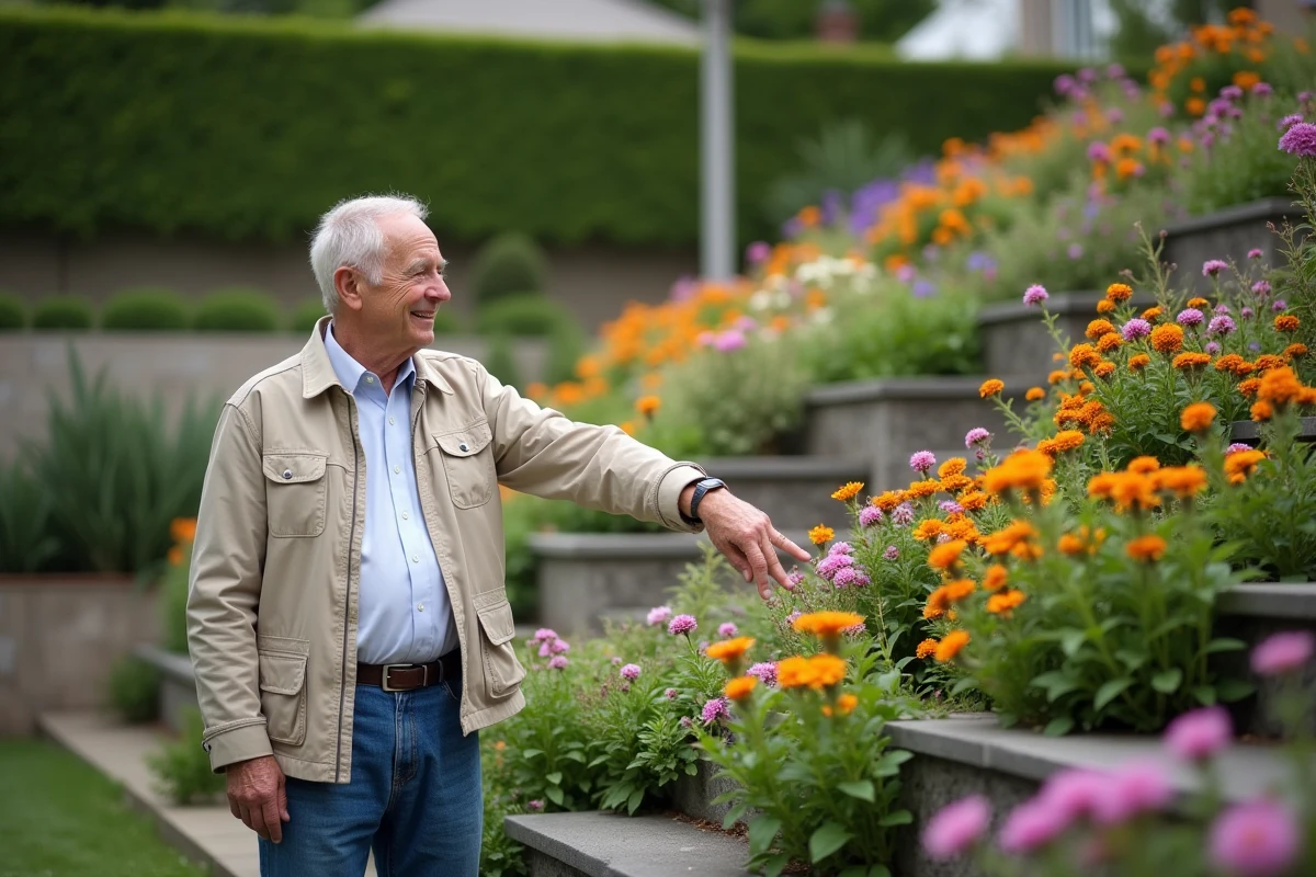 Homme âgé pointant vers un jardin en terrasses fleuries