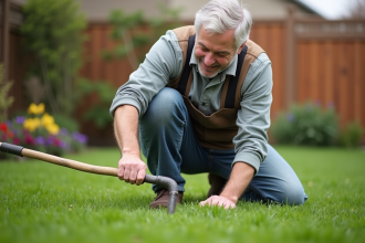Homme d'âge moyen en tenue de jardinage utilisant un râteau scarificateur dans la pelouse