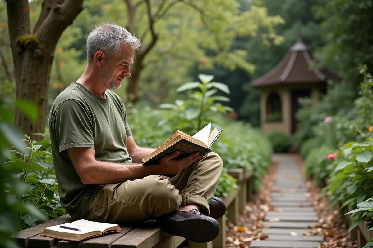 Homme lisant un livre de permaculture assis dans son jardin comestible entouré d'arbres fruitiers et de plantes compagnes