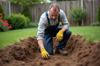 Homme en overalls mesure un trou pour spa dans un jardin