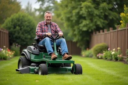 Homme d'âge moyen sur une tondeuse dans un jardin soigné