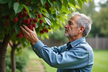 Homme d'âge moyen examine des mûres mûres dans un jardin