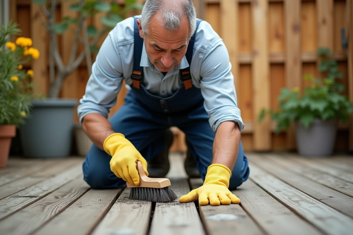 Homme en extérieur nettoyant la moisissure sur le bois