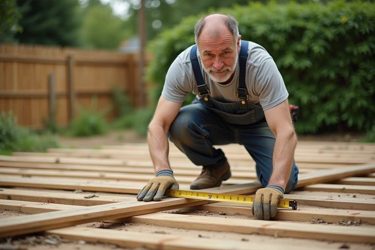 Homme en tenue de travail mesurant des bois extérieurs