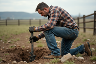 Homme en vêtements de travail utilisant une perceuse manuelle dans un champ