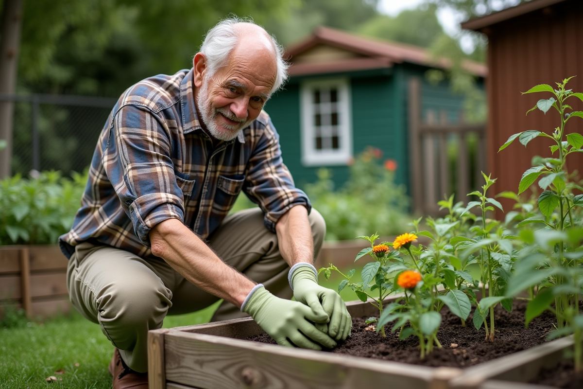 Homme âgé plantant des jeunes haricots dans le jardin