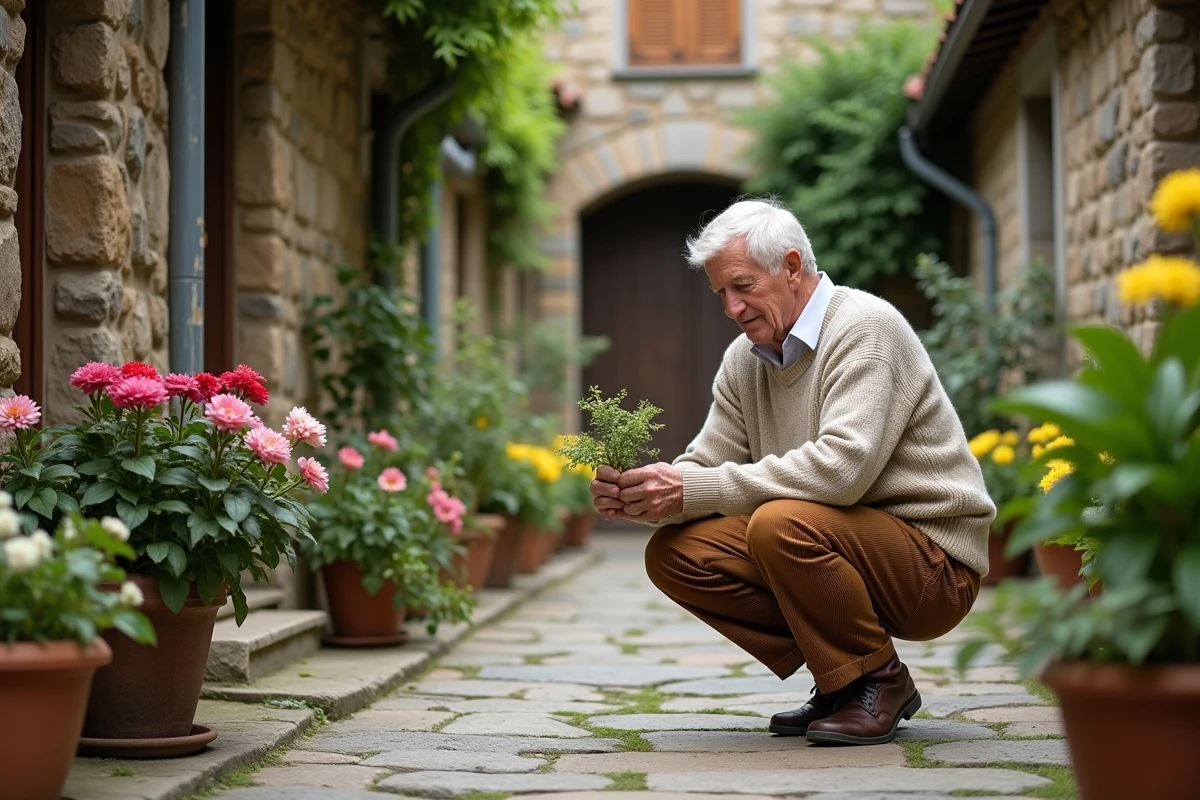 Homme âgé prunant des fleurs dans un patio rustique