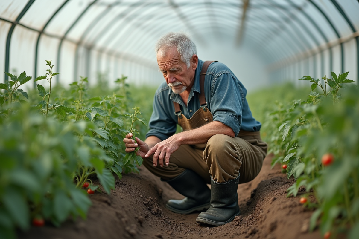 Homme âgé examinant des plants de tomate dans une serre