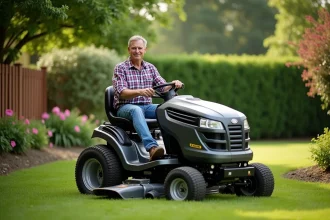 Homme d'âge moyen en vêtements pratiques conduisant une tondeuse moderne dans un jardin