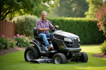 Homme d'âge moyen en vêtements pratiques conduisant une tondeuse moderne dans un jardin