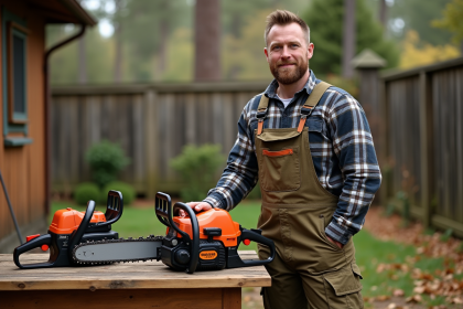 Homme d'âge moyen avec tronçonneuses en extérieur
