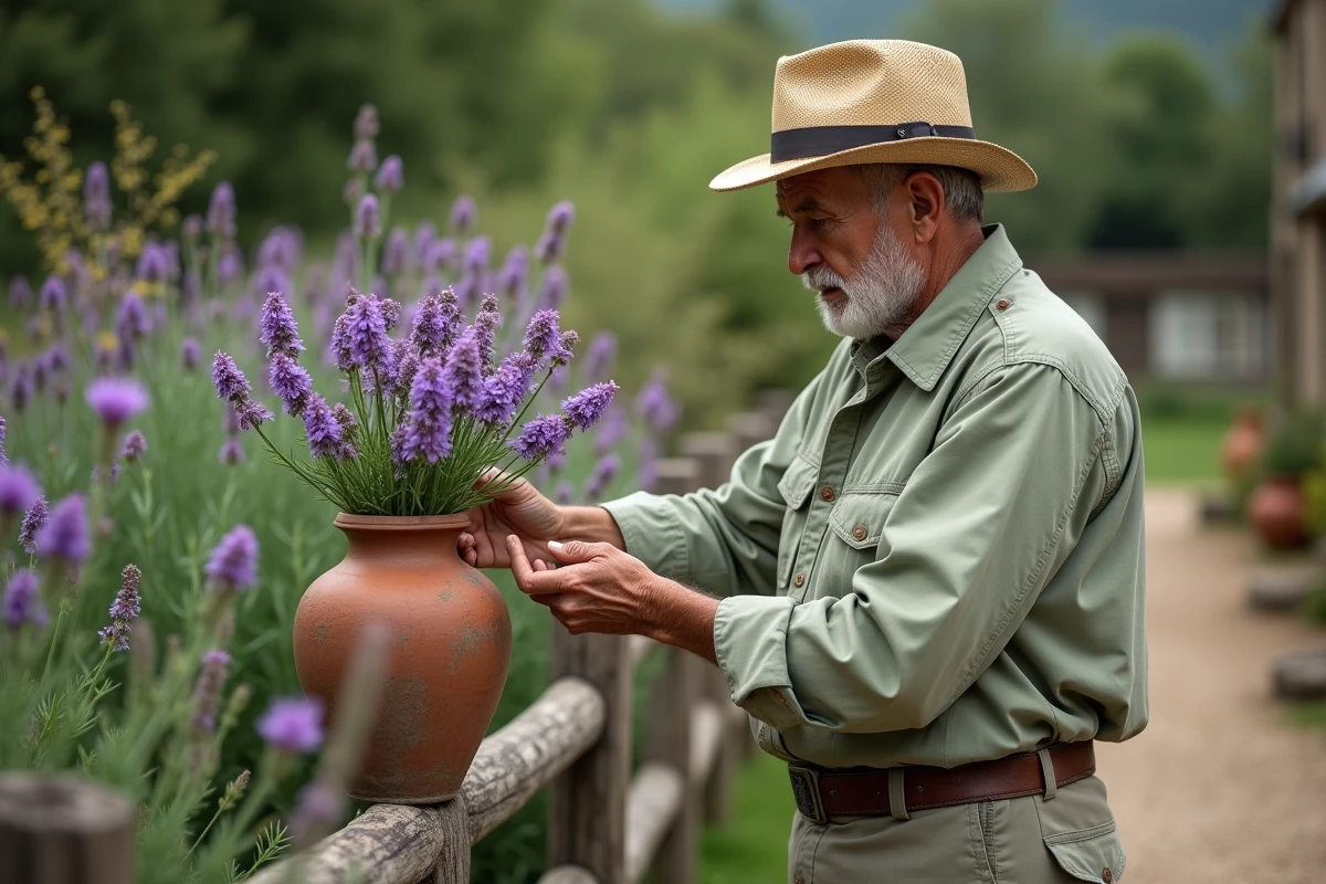 Homme arrangeant des violettes dans un vase en plein air
