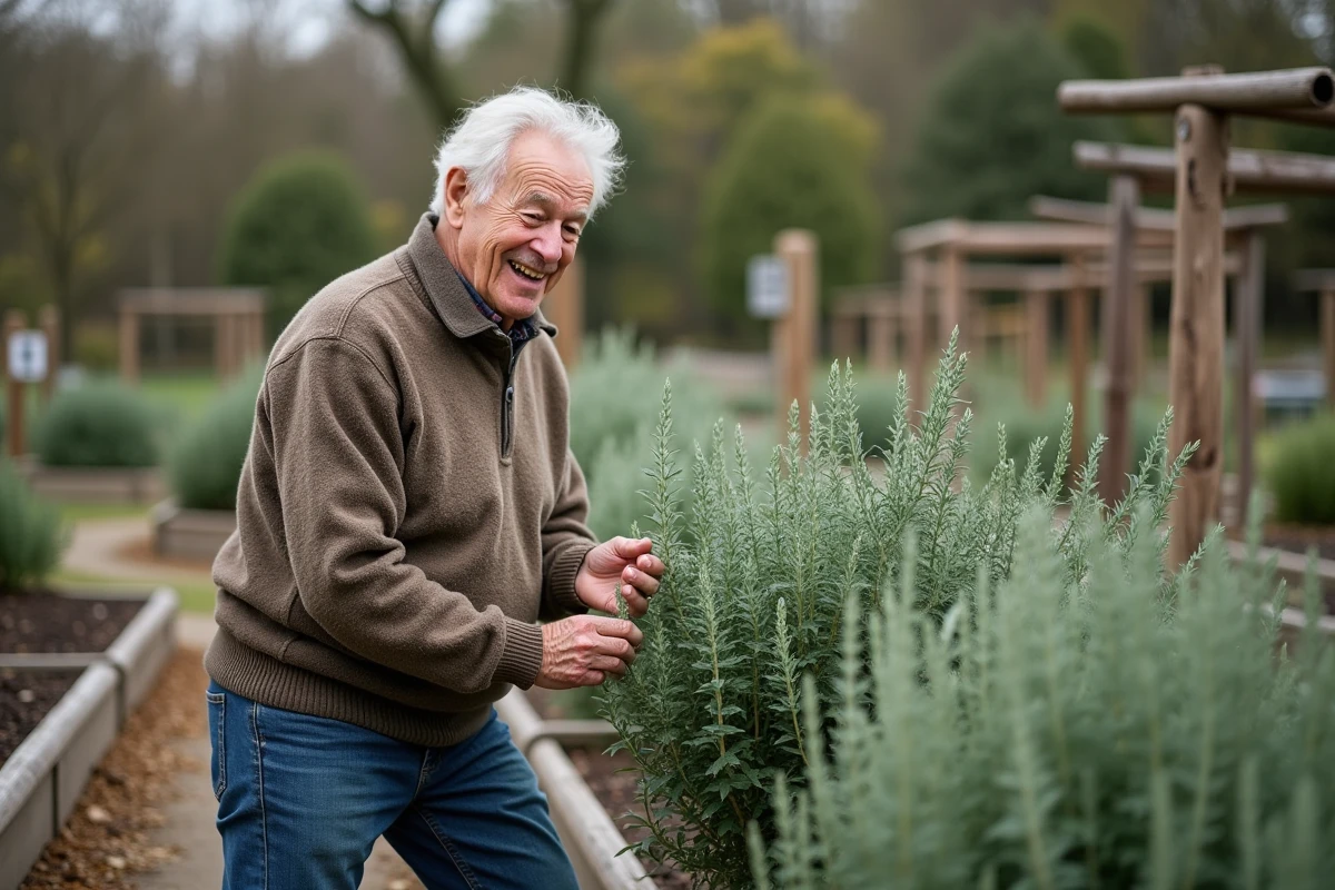 Homme âgé inspectant une sauge dans un jardin communautaire