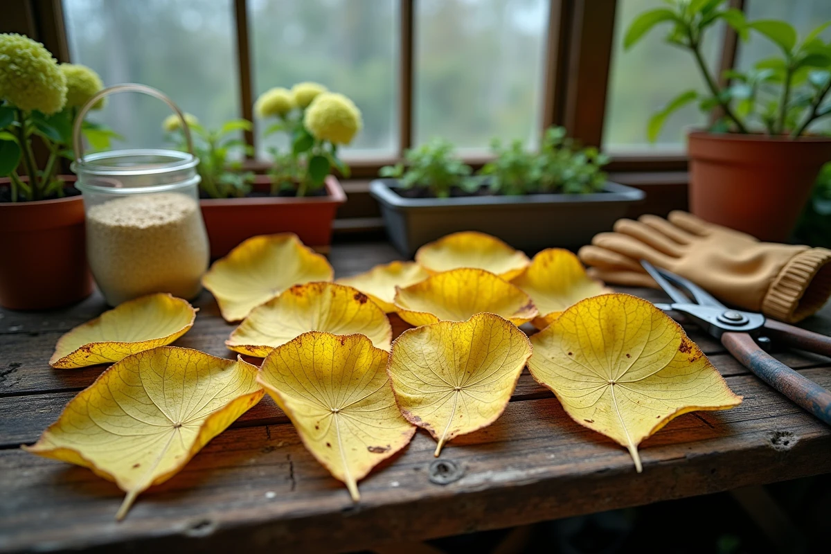 Feuilles d'hortensia jaunissantes disposées sur un établi de rempotage avec engrais, gants de jardinage et sécateur, dans une serre