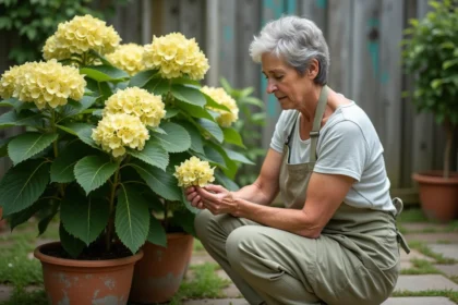 Femme jardinière examinant les feuilles jaunissantes d'un hortensia en pot dans un jardin, tenant une feuille décolorée entre ses doigts