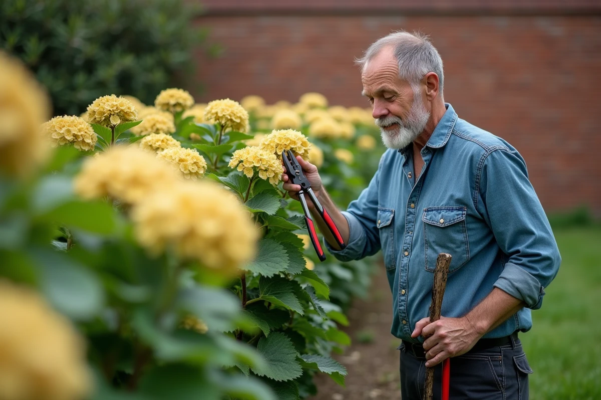 Jardinier tenant une branche d'hortensia aux feuilles jaunissantes pour l'inspecter, avec sécateur en main, le long d'une bordure de jardin