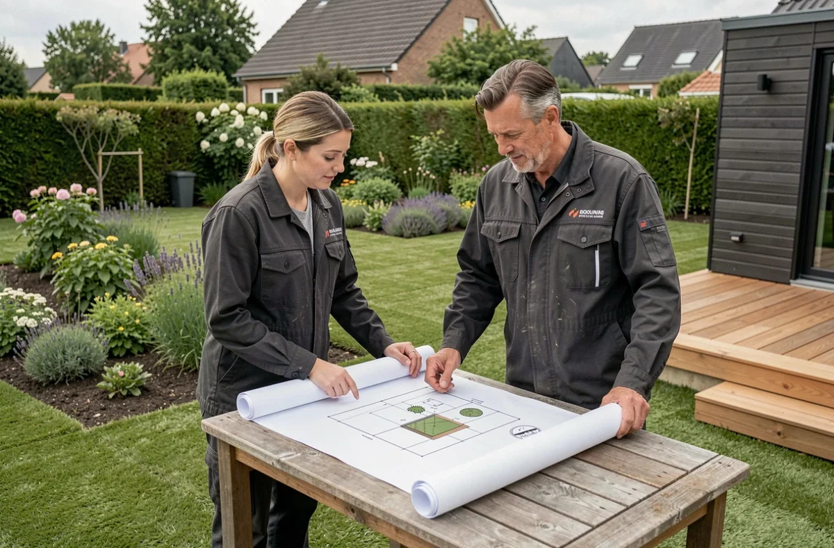 Deux paysagistes d'Ictus Paysage consultant un plan de plantation dans un jardin nouvellement aménagé