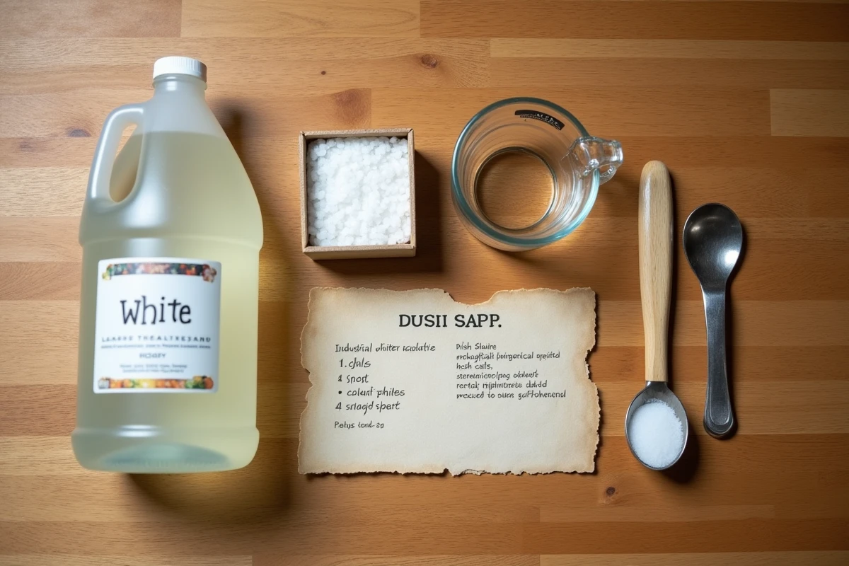 Ingrédients naturels pour fabriquer un désherbant maison au vinaigre : vinaigre blanc, sel et savon