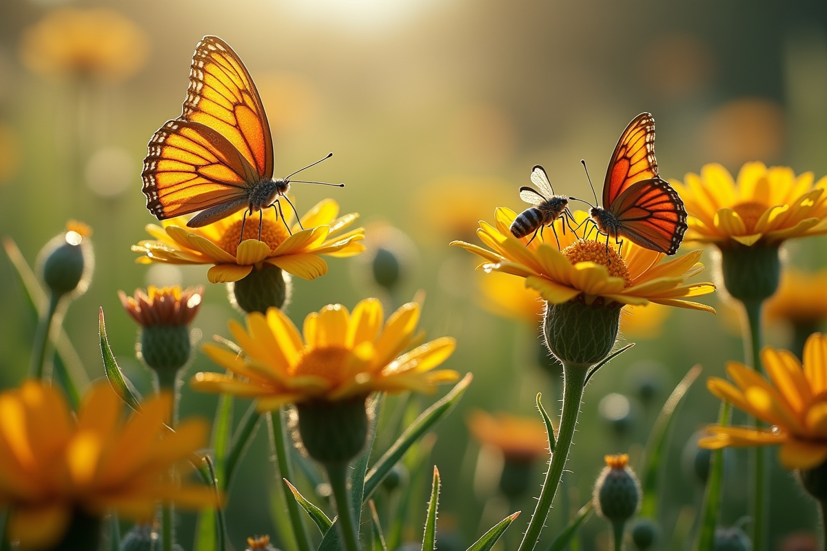 Insectes et papillons sur fleurs en U au matin avec rosée