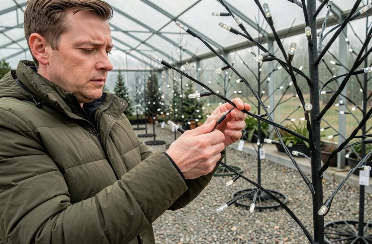 Personne inspectant les branches et connecteurs LED d'un arbre lumineux extérieur dans un magasin de jardinage