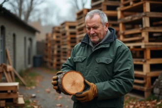 Homme inspectant une bûche de bois de chauffage en palette pour évaluer la qualité du bois avant achat