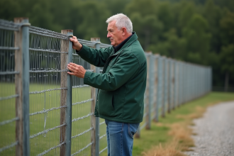 Homme inspectant une cloture en grillage dans la nature