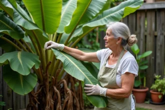 Femme jardinière inspectant les feuilles d'un bananier dans un jardin tropical pour prévenir les maladies naturellement