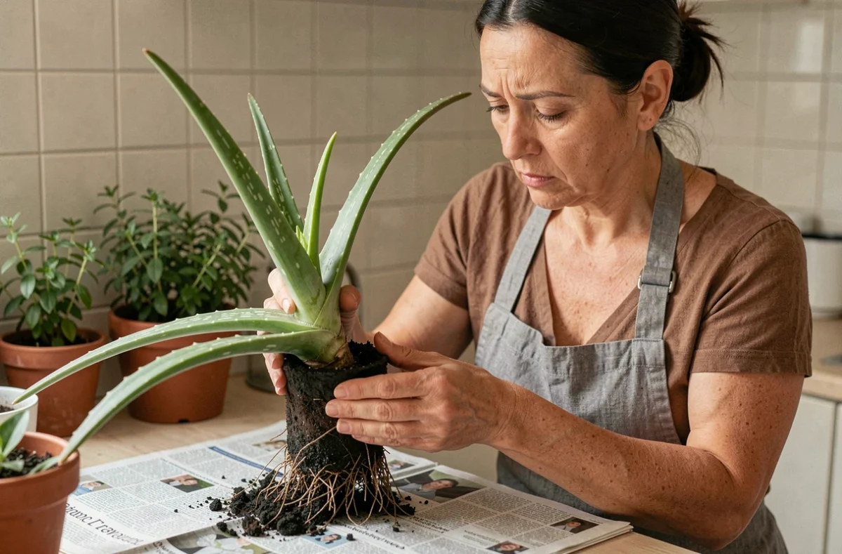 Femme inspectant les racines pourries d'un aloe vera sorti de son pot pour diagnostiquer une maladie